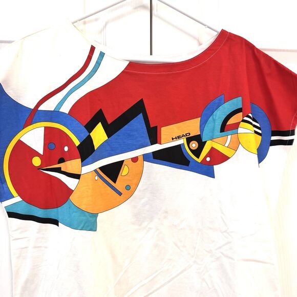 Vtg HEAD Tennis Boho T-Shirt Womens Large Cap Sleeve Graphic White Multicolor - Picture 3 of 7